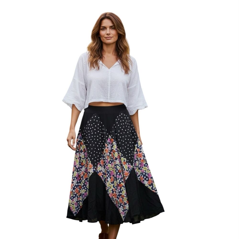 Maeve Anthropologie Floral Polka Dot Midi Skirt Black Multicolor Size Small